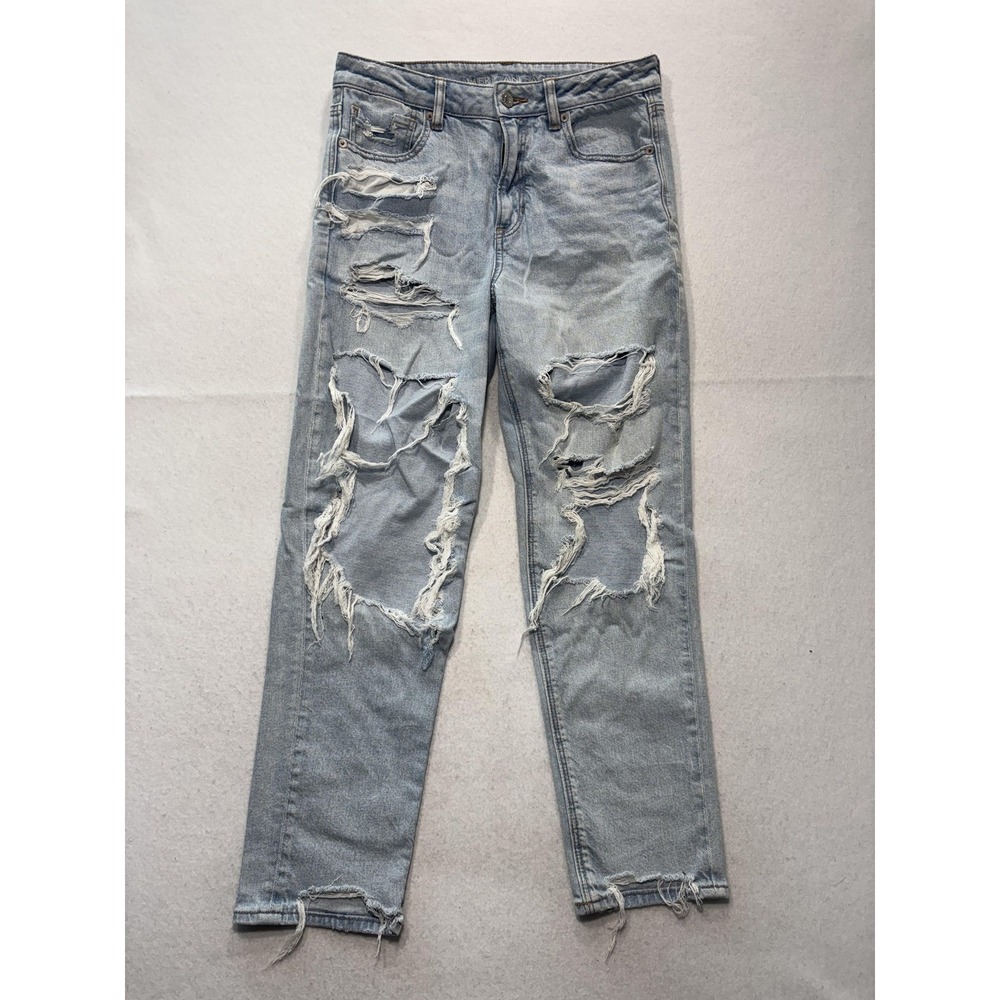 American Eagle Mom Jeans Womens 8 Blue Light Wash High Rise Distressed 30x28